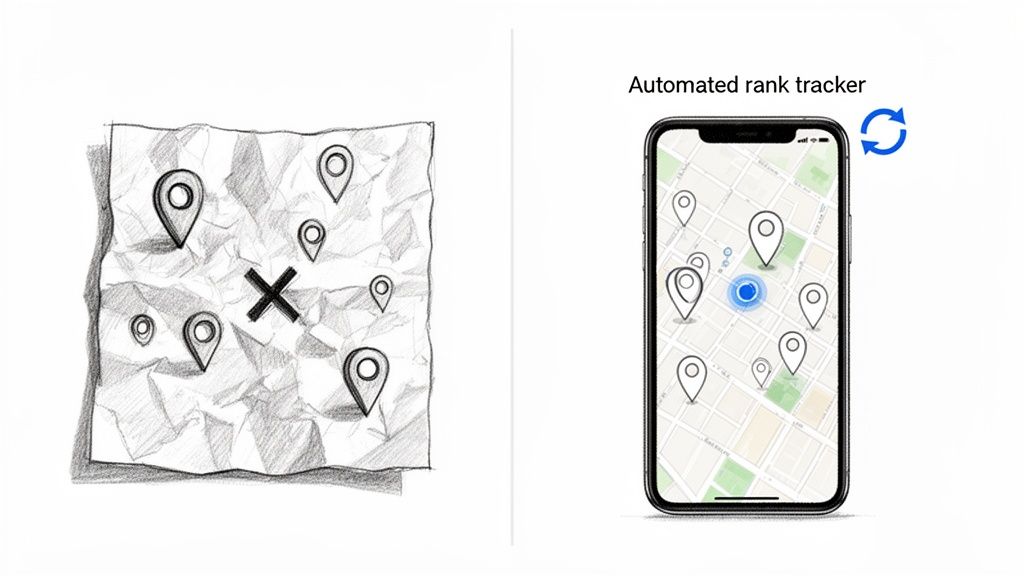 Comparison of a hand-drawn crumpled map with an 'X' to a smartphone showing an automated rank tracker.