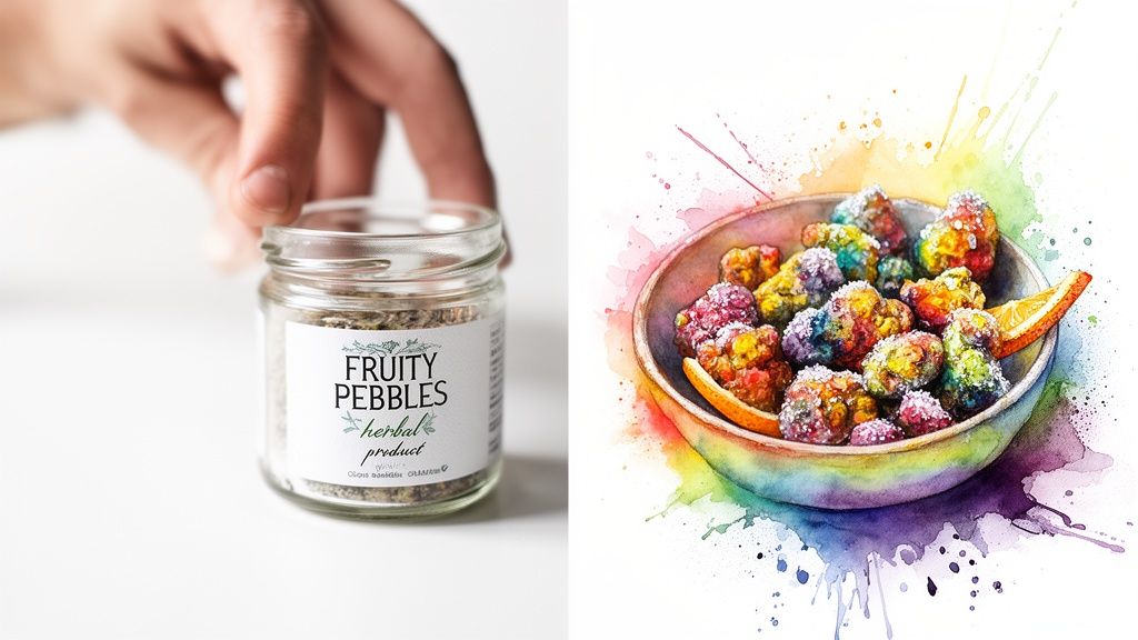A hand holds a jar labeled 'Fruity Pebbles herbal product' beside a watercolor of colorful candies.