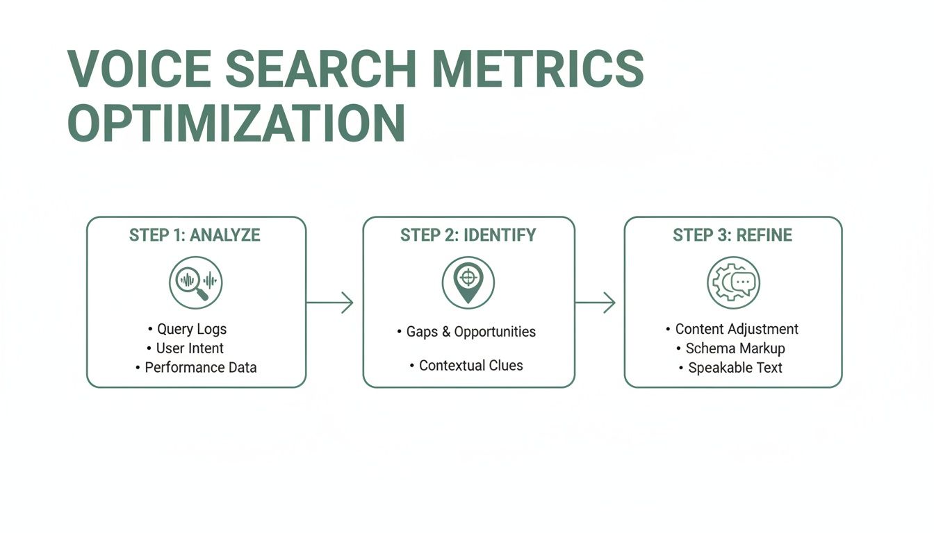Infographic showing three steps for voice search metrics optimization: analyze, identify, and refine strategies.
