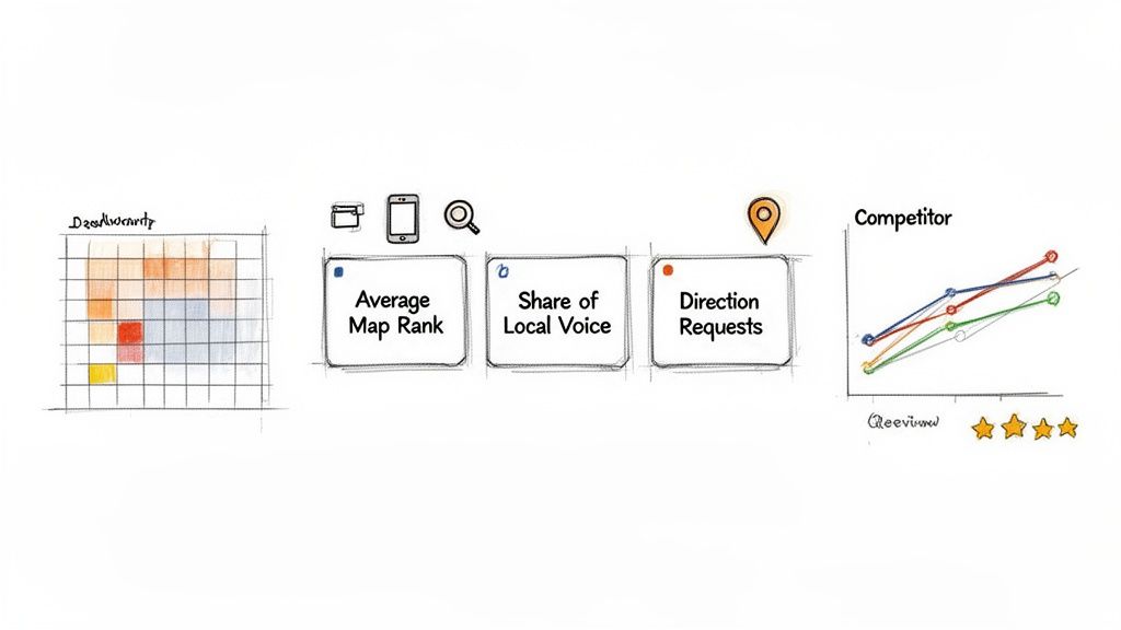 A dashboard displaying local SEO metrics, including map rank, local voice, direction requests, and competitor review analysis.