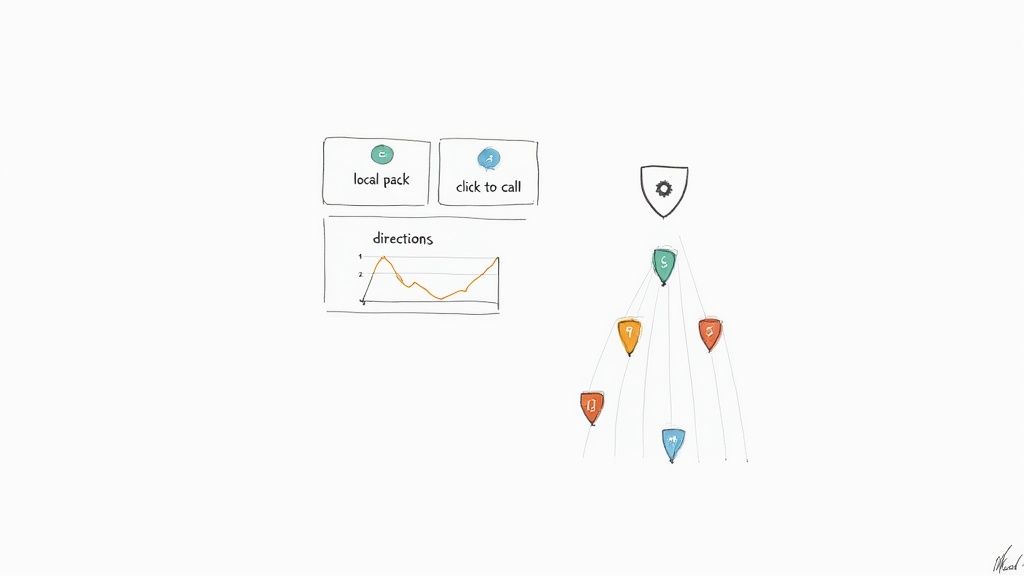 Hand-drawn sketch illustrates local SEO components: local pack, click-to-call, directions graph, and a data hierarchy.
