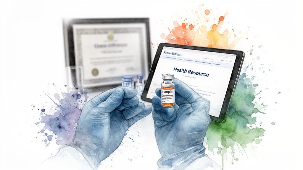 Gloved hands hold a 'sample' vial next to a tablet displaying 'Health Resource' with watercolor effects.