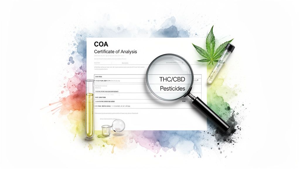 Certificate of Analysis document for cannabis, with a magnifying glass highlighting THC, CBD, and pesticides.