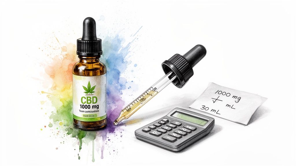 A CBD oil bottle, dropper, calculator, and a note on dosage calculation with watercolor splash.
