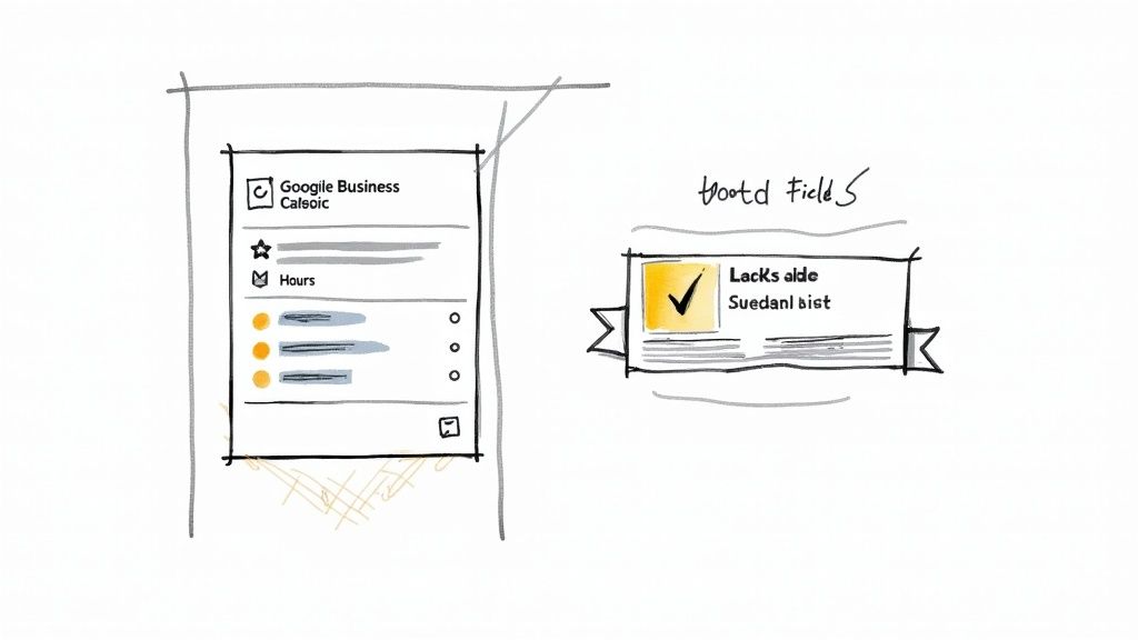 Hand-drawn sketches showing a Google Business listing interface and a 'Good Fields' badge with a checkmark icon.