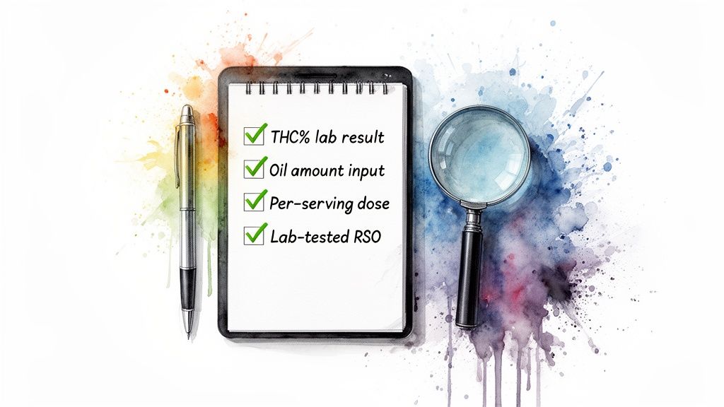 A checklist for THC% results, oil input, per-serving dose, and lab-tested RSO, with a pen and magnifying glass.