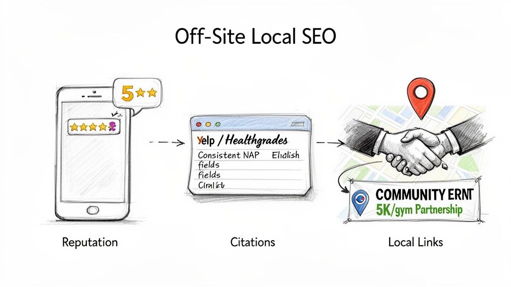 A diagram illustrates off-site local SEO, showing reputation, citations from Yelp, and local community partnerships.