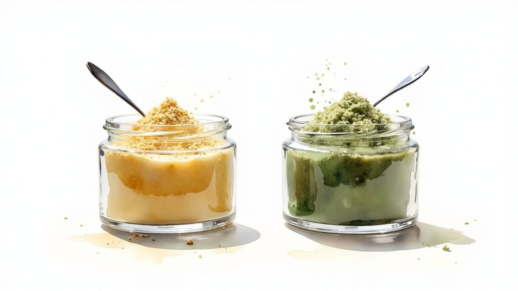 Two glass jars with spoons, containing creamy yellow and green mixtures topped with matching granular powders.