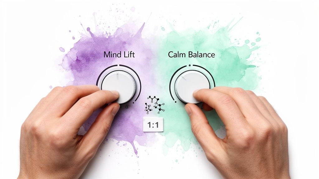 Hands adjusting two dials labeled 'Mind Lift' and 'Calm Balance' over colorful splashes, with molecular structures and a '1:1' ratio.