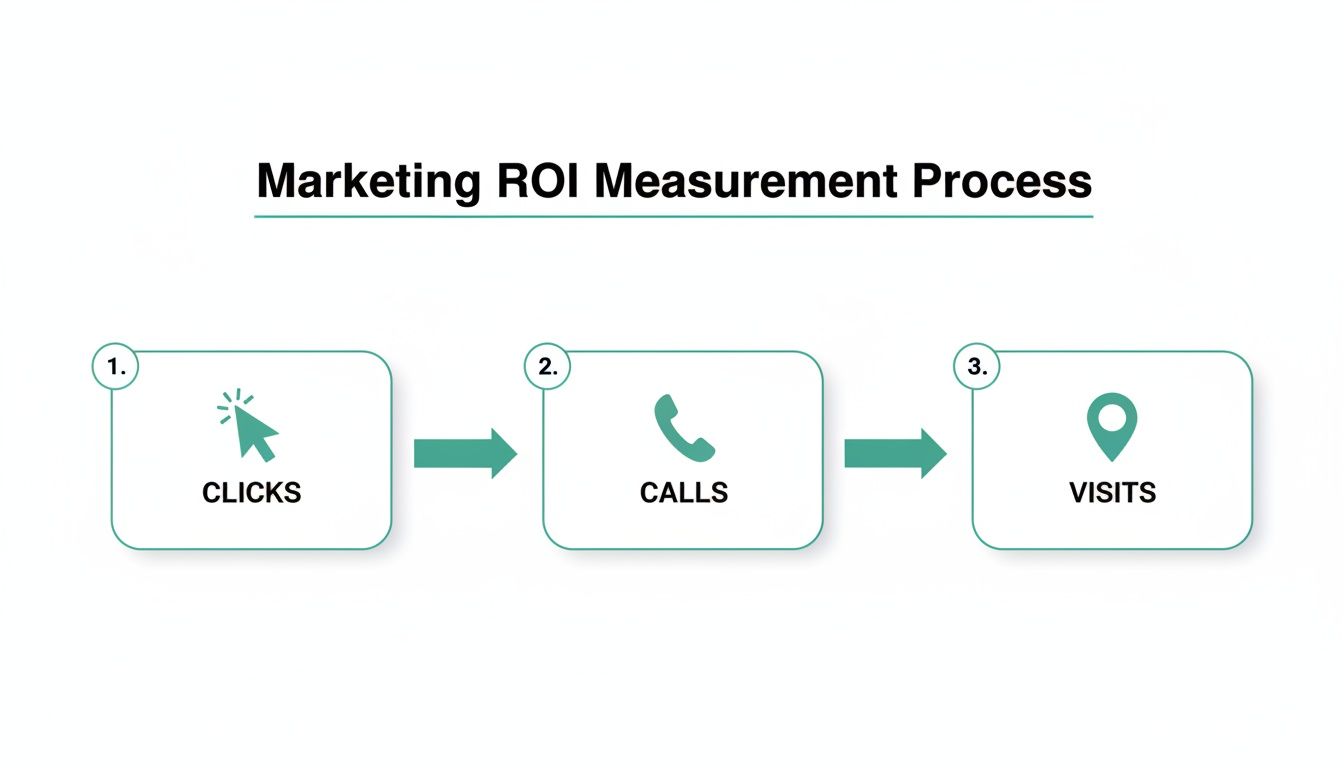A simple flow chart showing the marketing ROI measurement process from Clicks to Calls to Visits.