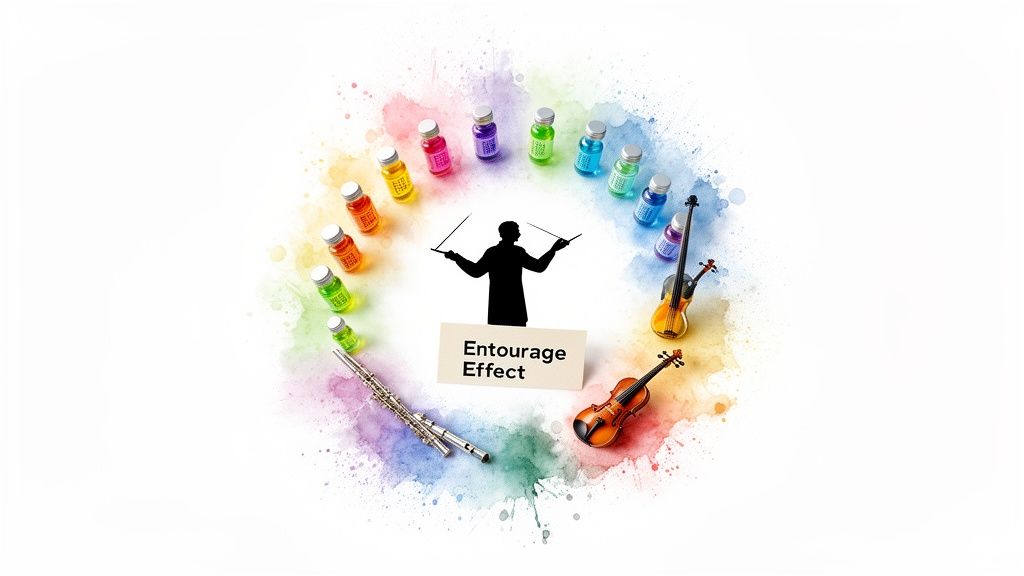 A conductor's silhouette orchestrates colorful vials, a flute, and violins, illustrating the 'Entourage Effect'.