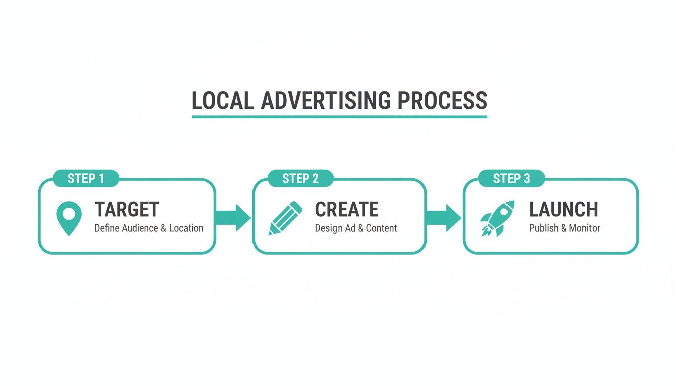 A three-step local advertising process flowchart with icons for target, create, and launch stages.