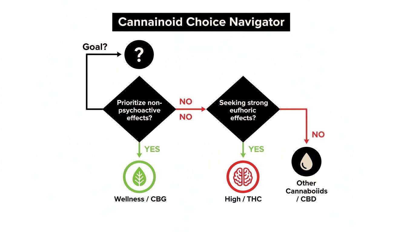 Flowchart titled 'Cannabinoid Choice Navigator' guiding users based on desired psychoactive and euphoric effects.