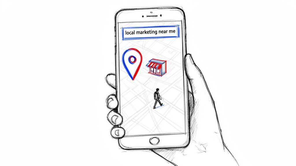 Hand holding a smartphone displaying a map with a location pin, store, person, and 'local marketing near me' search.