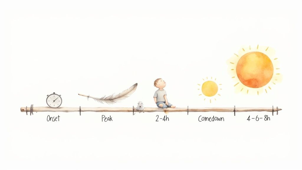 A watercolor timeline showing stages of an experience: onset (clock), peak (feather), 2-4h (child), comedown (small sun), 4-6-8h (large sun).