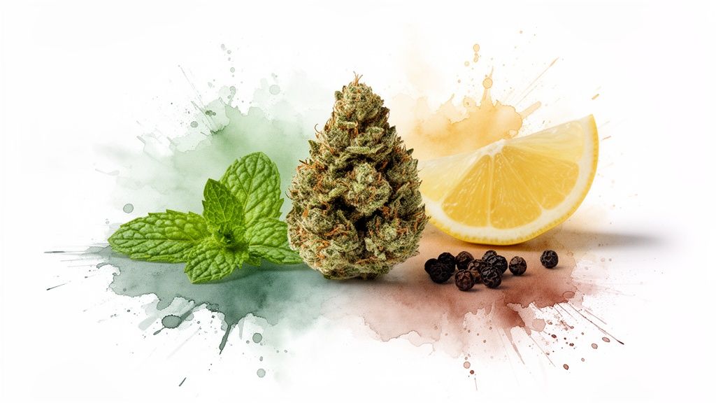 A vibrant still life featuring a cannabis bud, fresh mint, a lemon slice, and peppercorns.