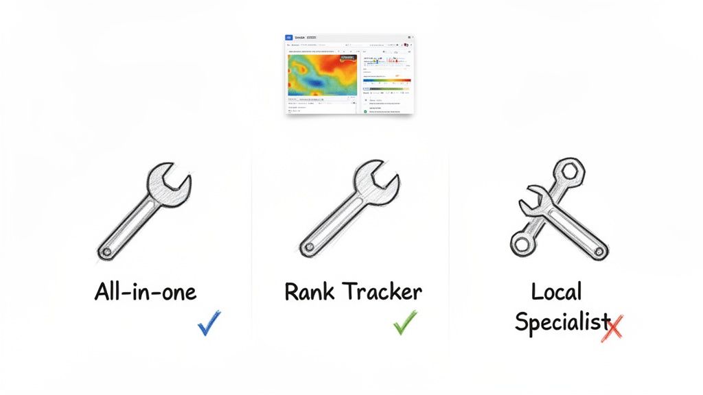 Visual comparison of SEO tools: All-in-one and Rank Tracker are approved, Local Specialist is disapproved. A software interface is shown.