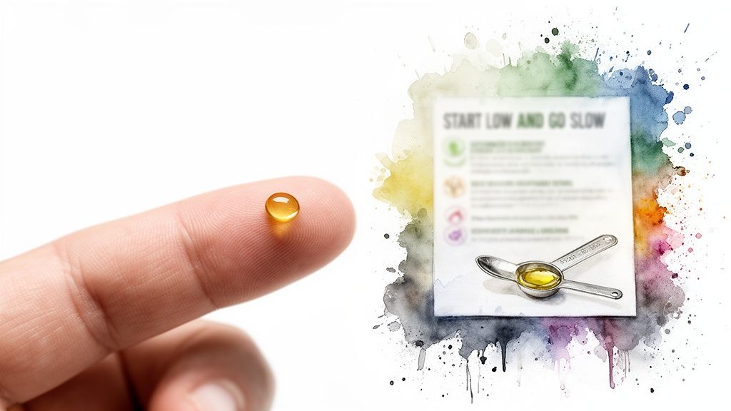 A tiny golden oil drop on a finger, beside a blurred 'START LOW AND GO SLOW' guide with a spoon.