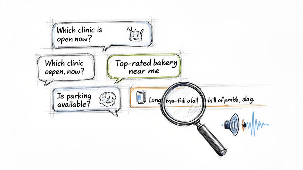 An illustration showing various voice search queries for local information, including misspelled terms, with a magnifying glass.