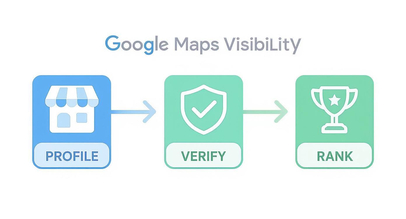 A visual guide explaining Google Maps visibility through profile, verify, and rank steps.