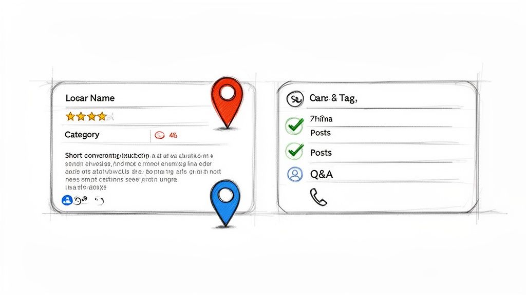 A conceptual sketch of two UI cards for a local business listing, showing ratings and details.