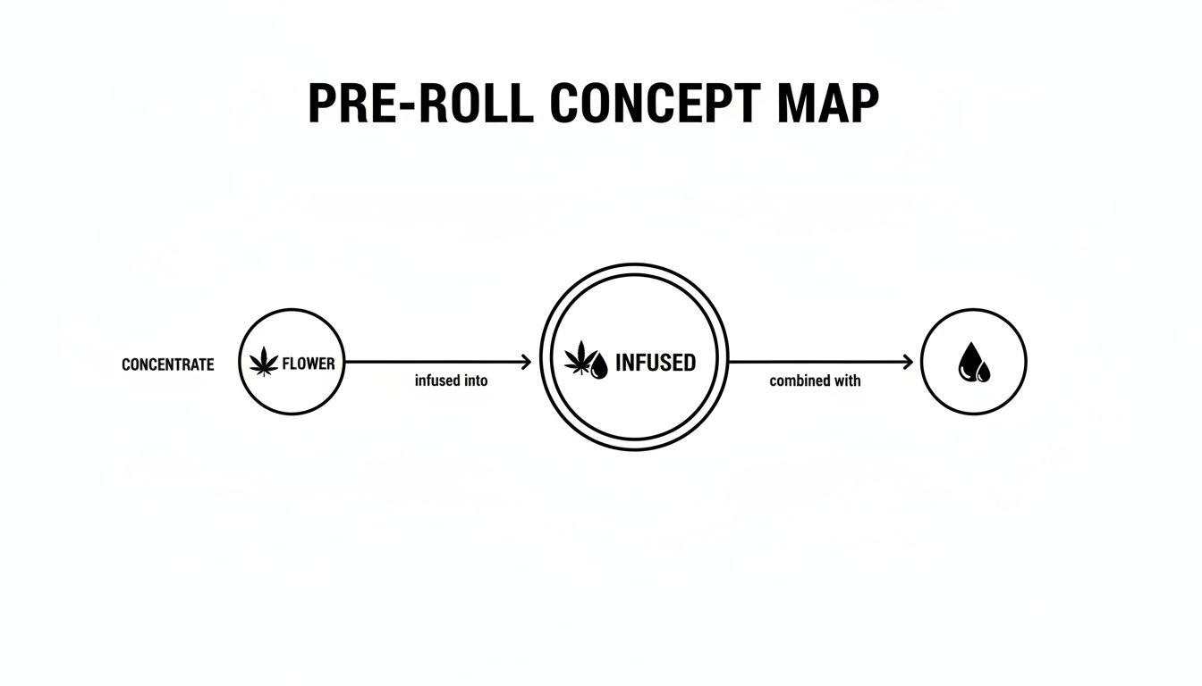 Concept map illustrating the creation of an infused pre-roll from concentrate and flower.