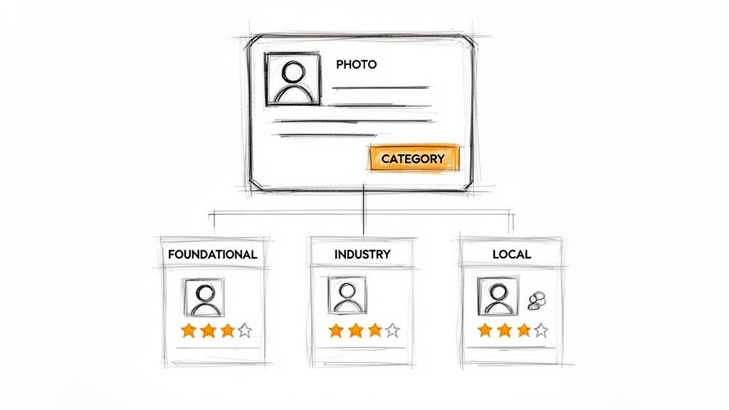 Diagram illustrating three types of business profile citations: Foundational, Industry, and Local, branching from a main profile.