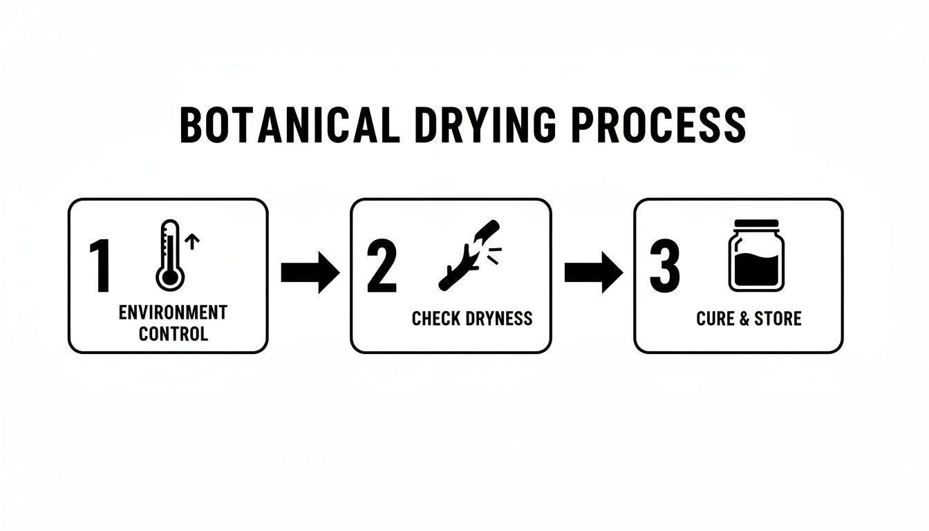 A three-step botanical drying process flowchart: control environment, check dryness, then cure and store.
