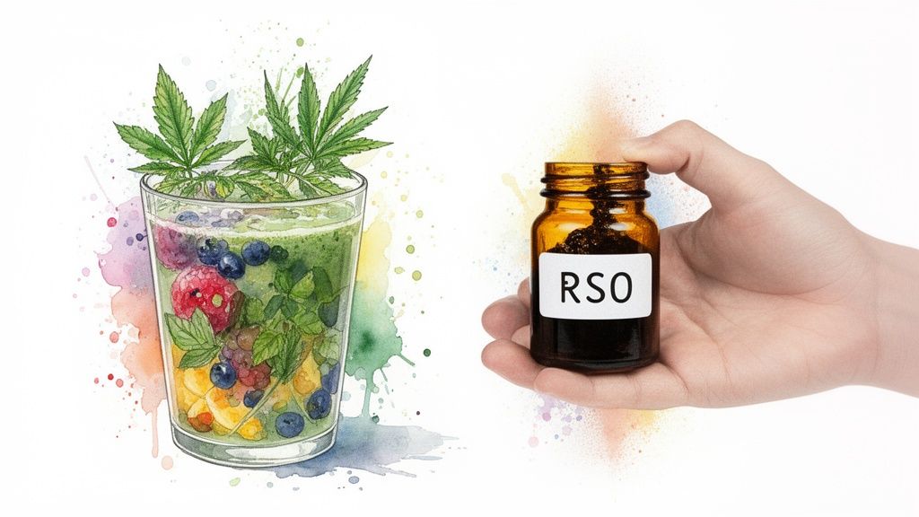 Watercolor illustration of a cannabis smoothie with berries and fruits next to a hand holding an RSO jar.