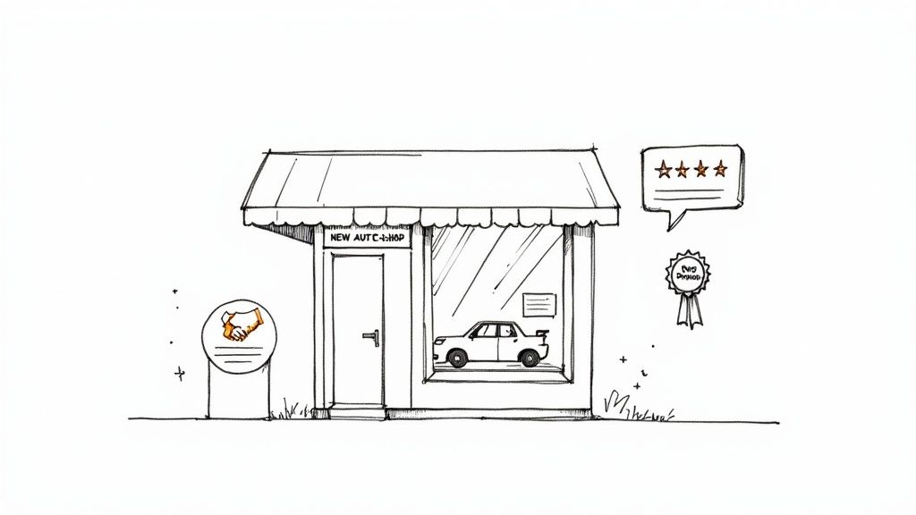 Sketch of a New Auto Shop displaying a car, customer ratings, a handshake, and an award ribbon.