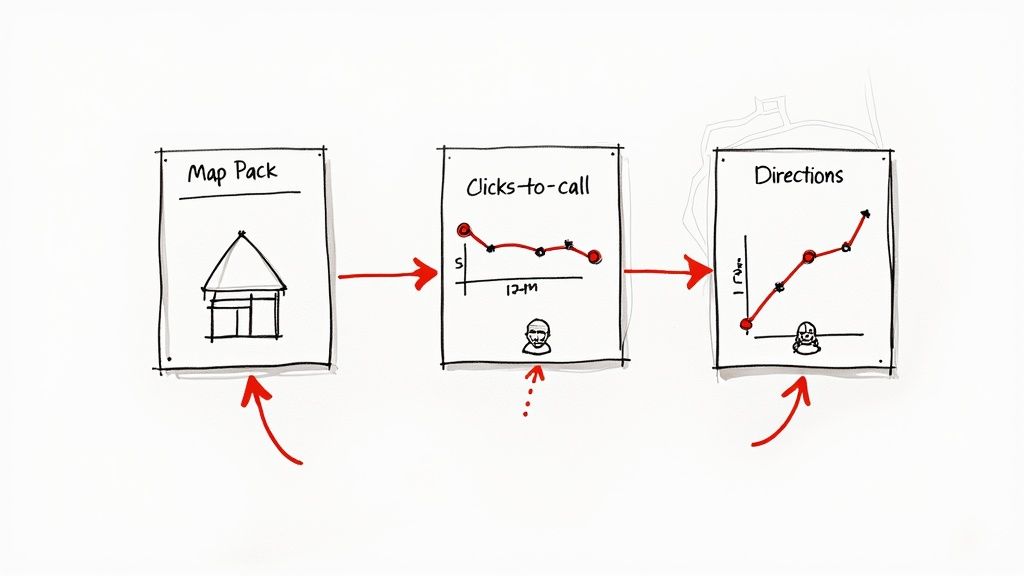 A flow chart illustrating a local search conversion funnel: Map Pack to Clicks-to-call to Directions.