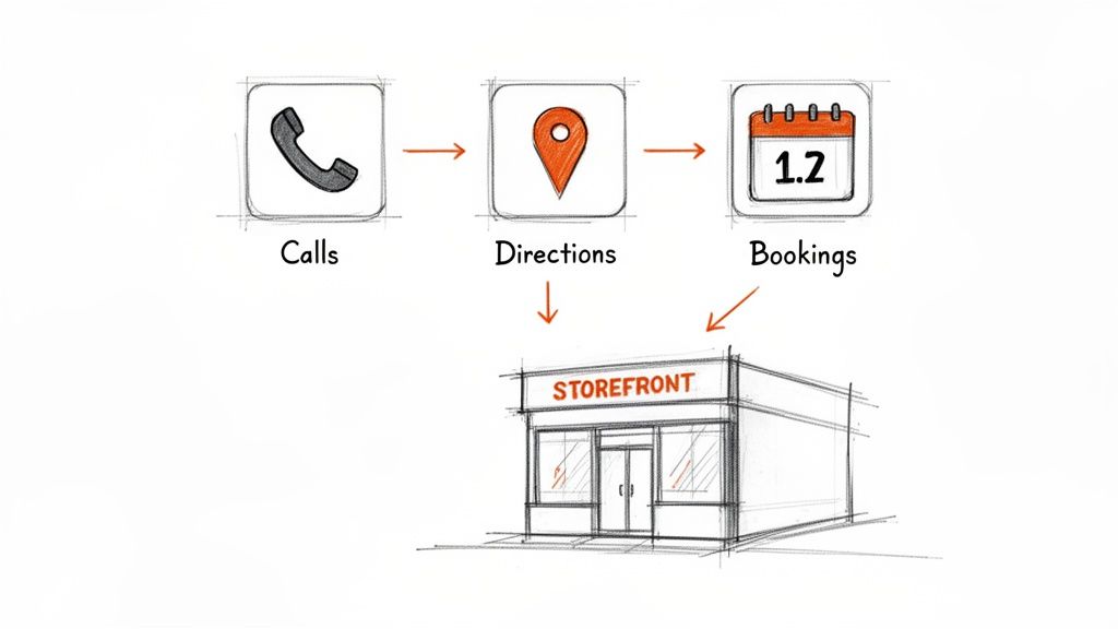 Illustration depicting calls, directions, and bookings, digitally leading customers to a physical storefront.