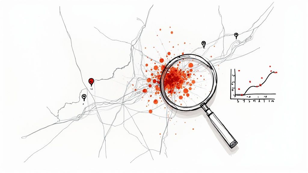 Magnifying glass over map showing red clustered data points indicating local business search ranking analysis