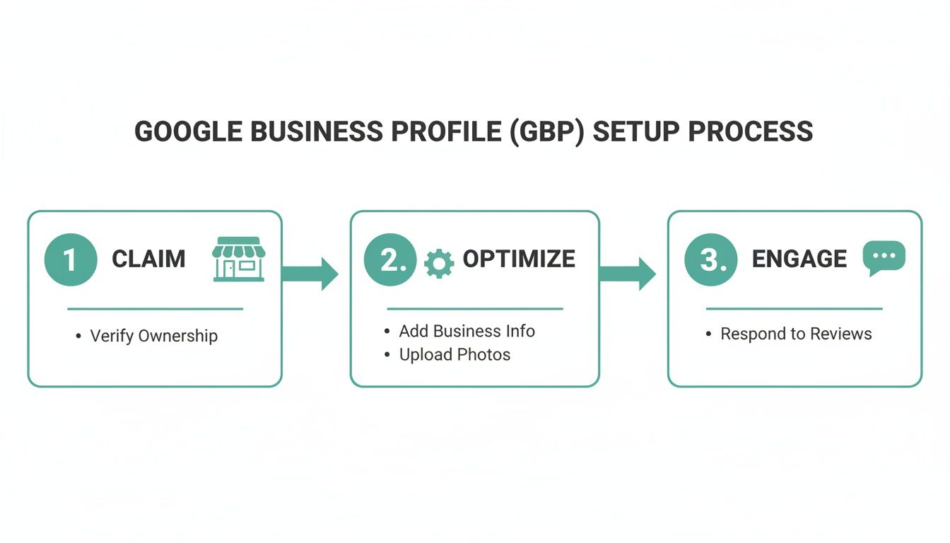 An infographic showing the three-step Google Business Profile (GBP) setup process: Claim, Optimize, Engage.