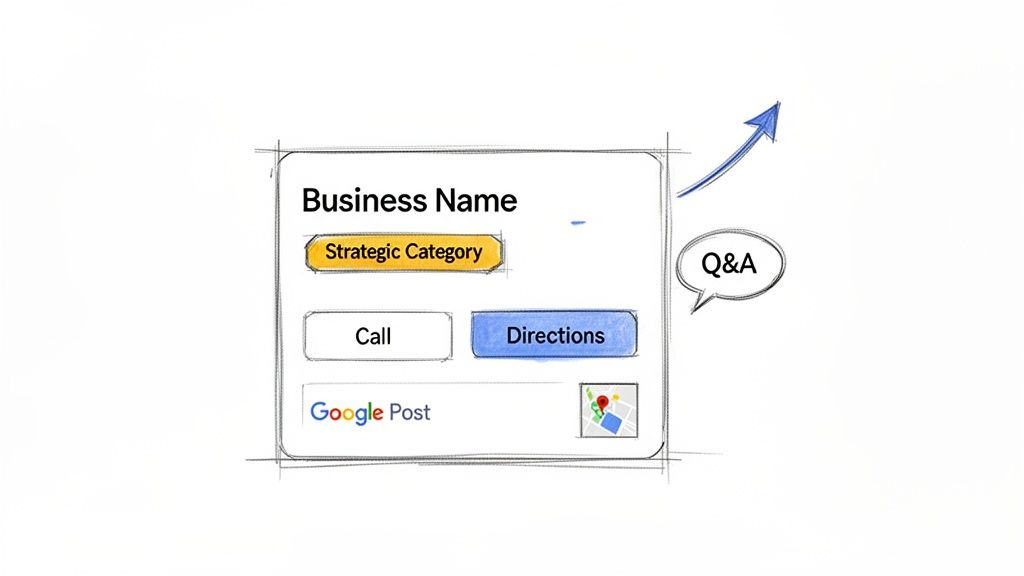 Hand-drawn illustration of a local business profile, showing name, category, call, directions, and Q&A.