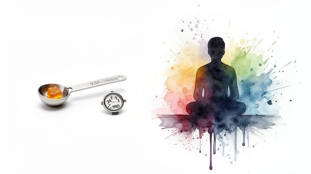 An orange gummy in a measuring spoon next to a tiny timer and a vibrant watercolor meditation silhouette.