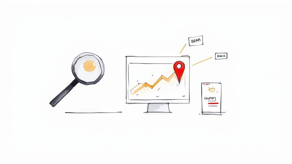 Illustration of a magnifying glass, data trends on a monitor with a location pin, and a mobile profile.