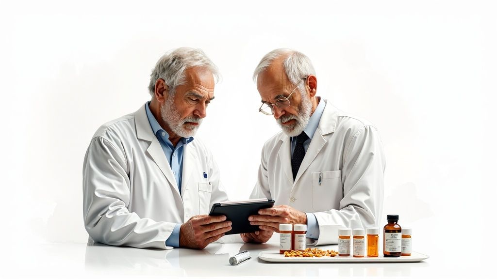Two senior healthcare professionals in lab coats discussing information on a tablet with medications.