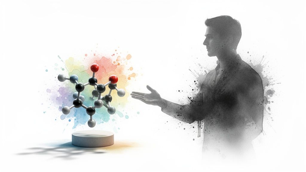 A watercolor silhouette of a man reaching towards a vibrant chemical molecular model, symbolizing scientific exploration.