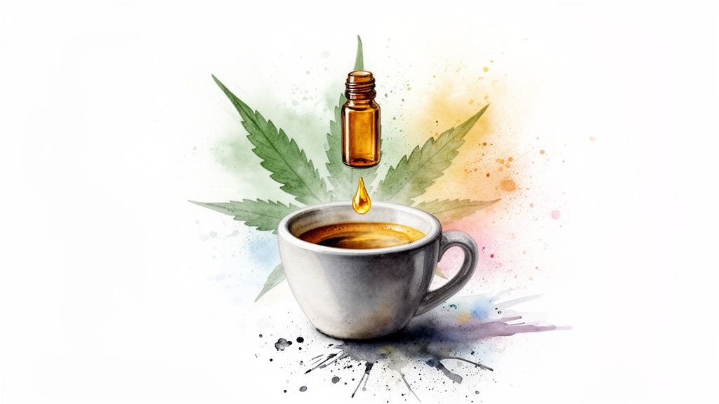 A watercolor illustration of CBD oil dripping into a cup of coffee with a cannabis leaf background.