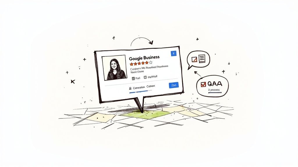 Hand-drawn illustration of a Google Business profile card pinned on a map, showing ratings and Q&A features.