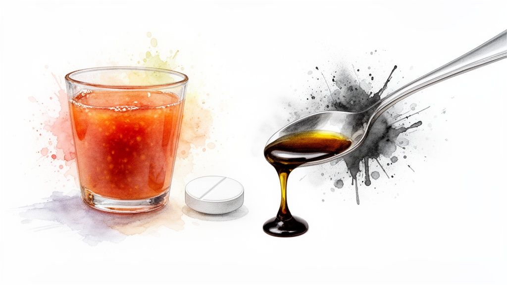 A glass of reddish juice, a white pill, and a spoon with dark syrup dripping, against watercolor splashes.