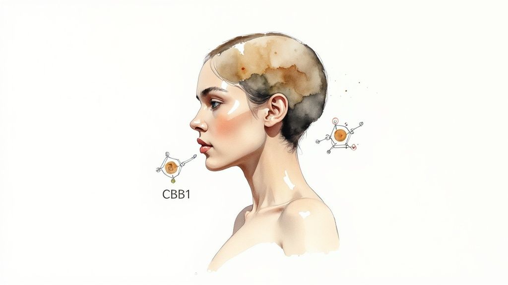 Watercolor illustration of a person's profile with a textured brain depiction and molecular structures.
