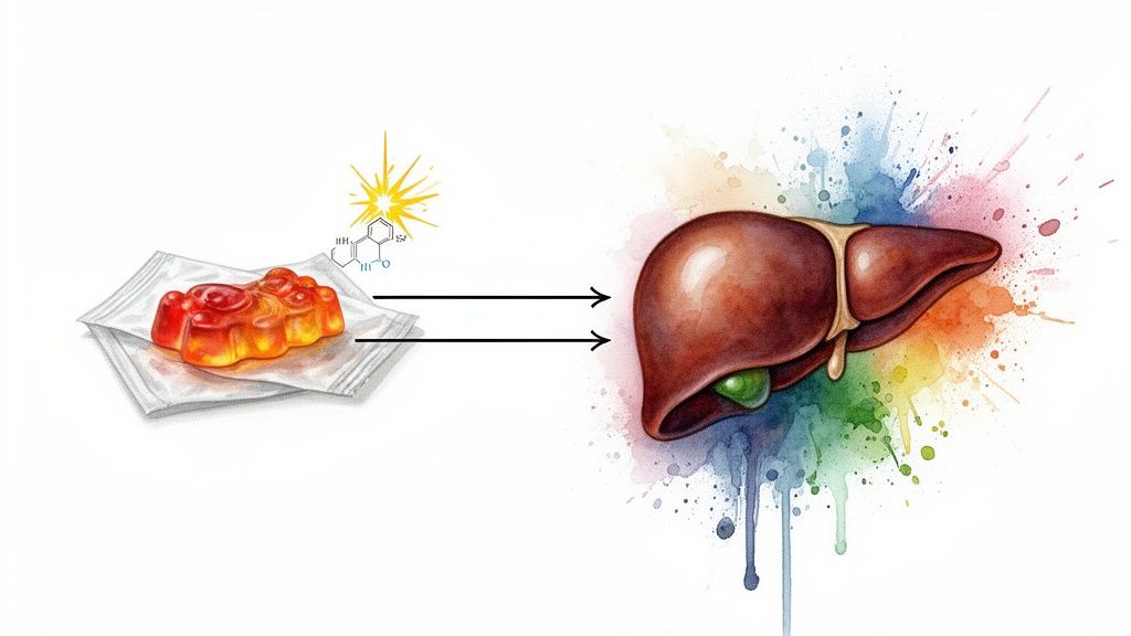 An illustration of a gummy bear and a chemical structure leading to a human liver with colorful splashes.