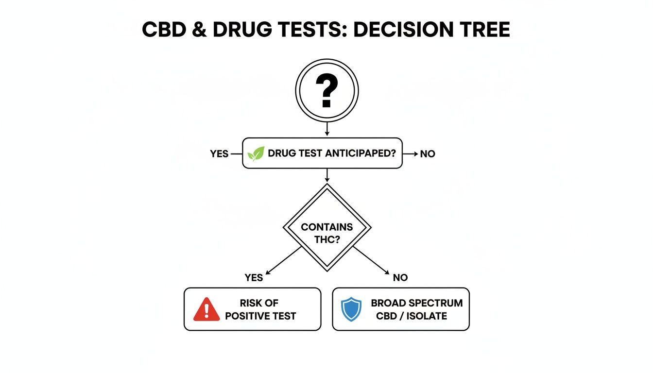 Decision tree for CBD users, outlining risks of drug tests based on THC presence.