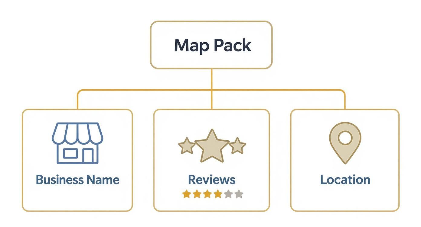 Diagram showing a Map Pack broken down into Business Name, Reviews, and Location with icons.