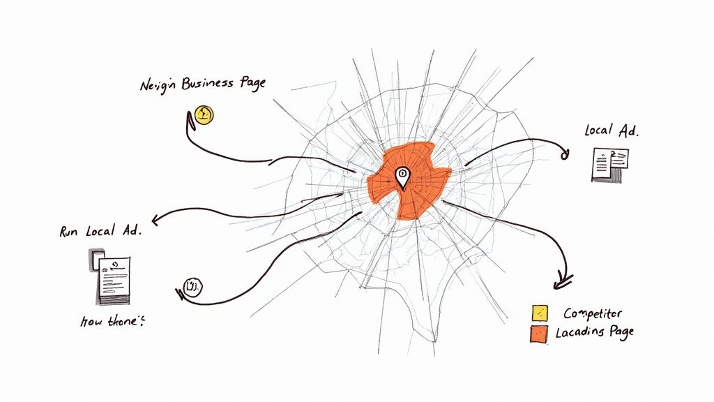 An illustrated hand pointing at a data chart on a screen, with arrows showing actionable steps.