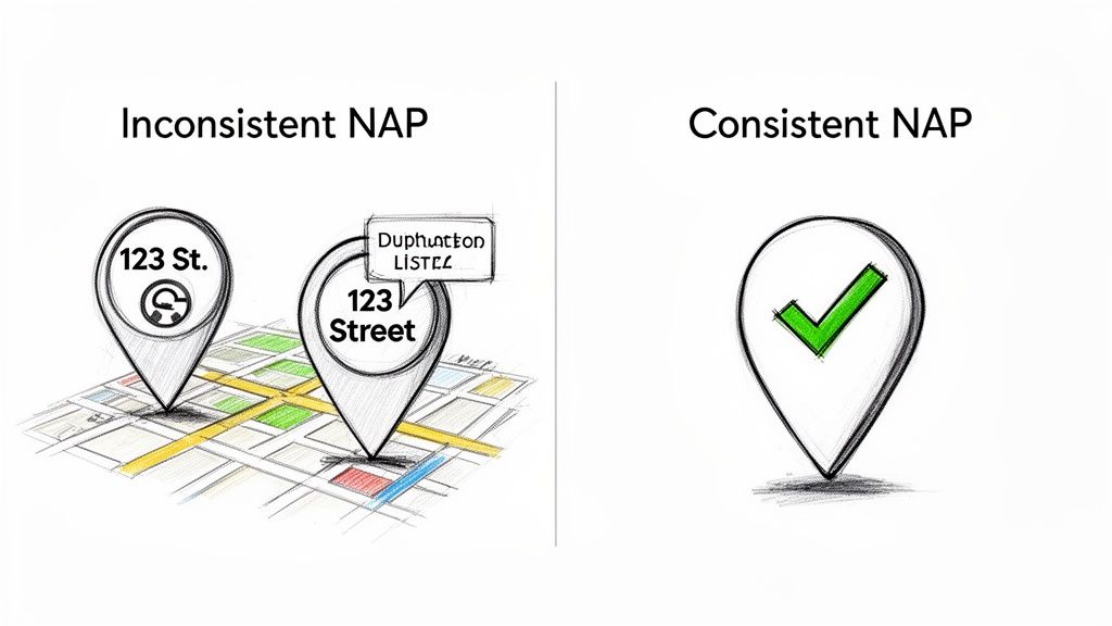 An image illustrating inconsistent NAP data with different addresses on map pins, compared to consistent NAP shown by a checkmark in a pin.