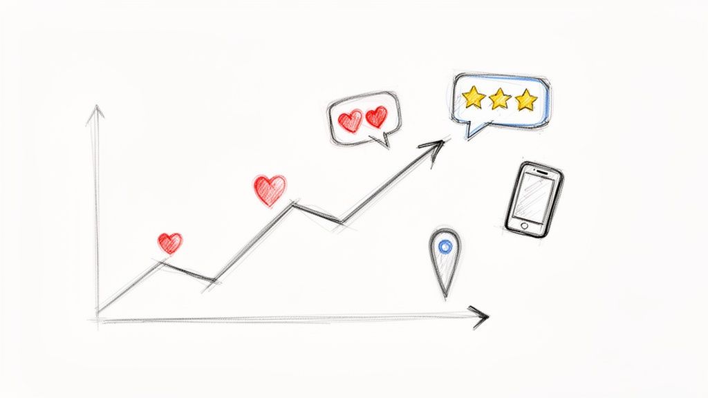 Hand-drawn graph illustrating growth with hearts, star ratings, location pin, and a smartphone.