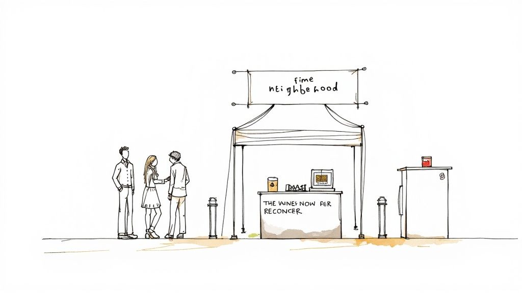 Hand-drawn illustration of a neighborhood market scene with people, a tent, and a refrigerator.